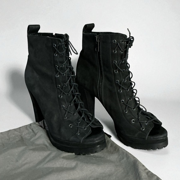 AllSaints Black Suede Lace-Up Peep Toe High Heel Boots EU 37 / US 6.5–7 - Picture 1 of 13